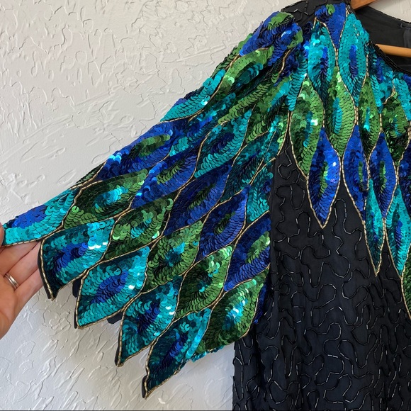 Vintage Sequin 100% Silk Peacock Green Blue Top Blouse - Picture 2 of 15